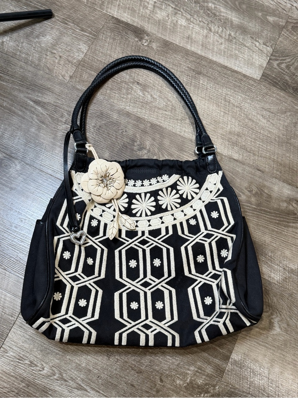 BRIGHTON  Black Canvas Embroidered Woven Strap Shoulder Bag